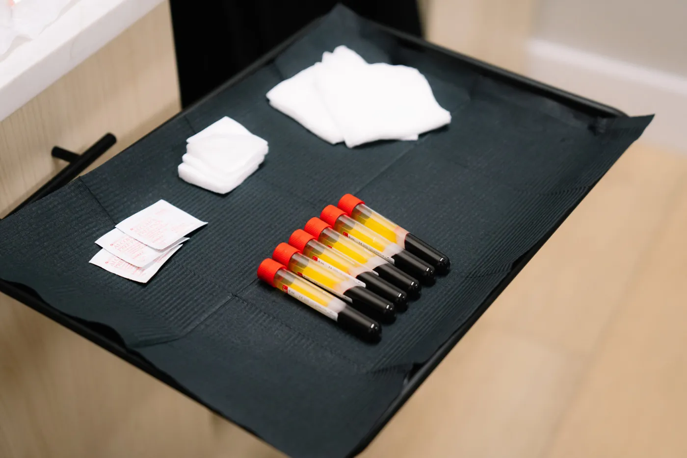 Tray of blood collection tubes prepared for a PRP treatment