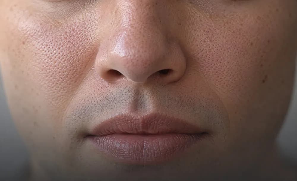 Close-up of enlarged pores across the nose and cheeks