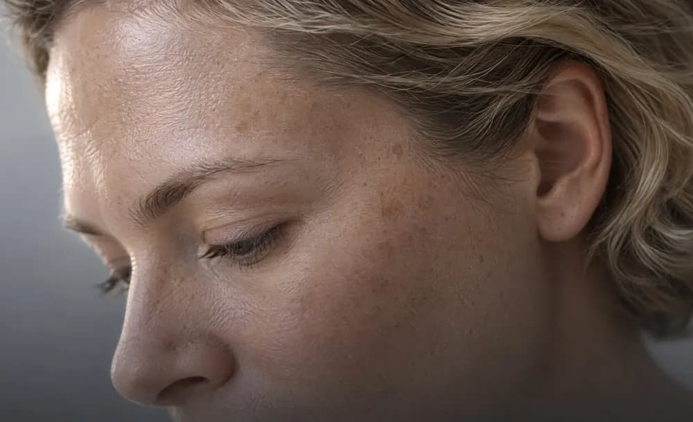 Close-up of uneven skin texture on the cheek and temple